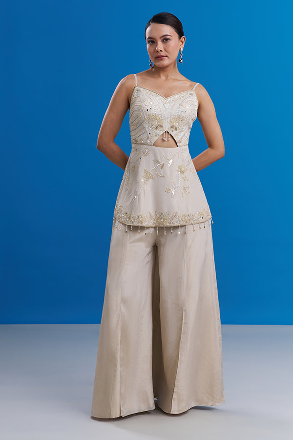 Cream Beige Shimmer Indo-Western Set with Mirror Embroidery