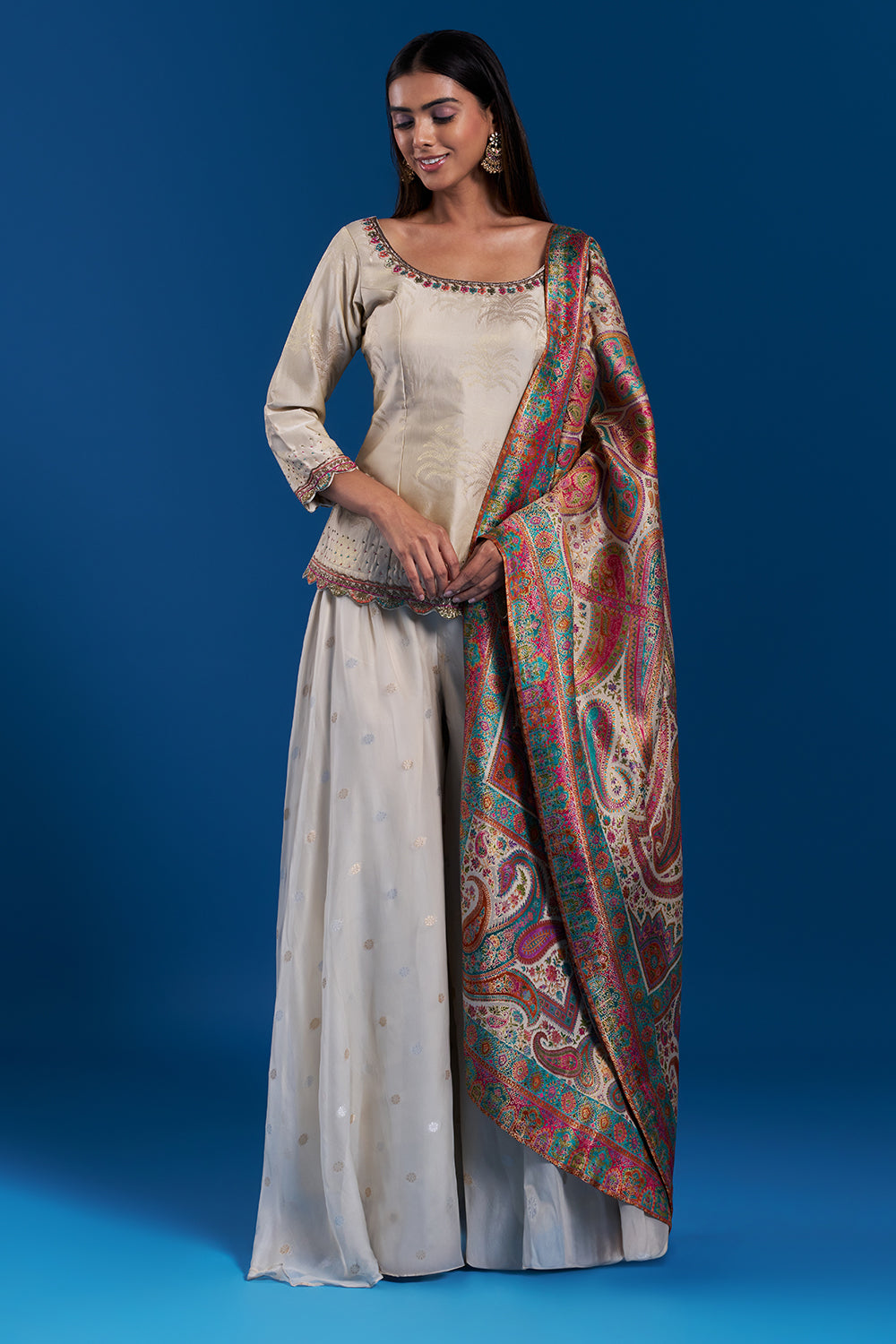Cream Brocade Palazzo Set with Zardozi Work and Dupatta with Woven Motifs
