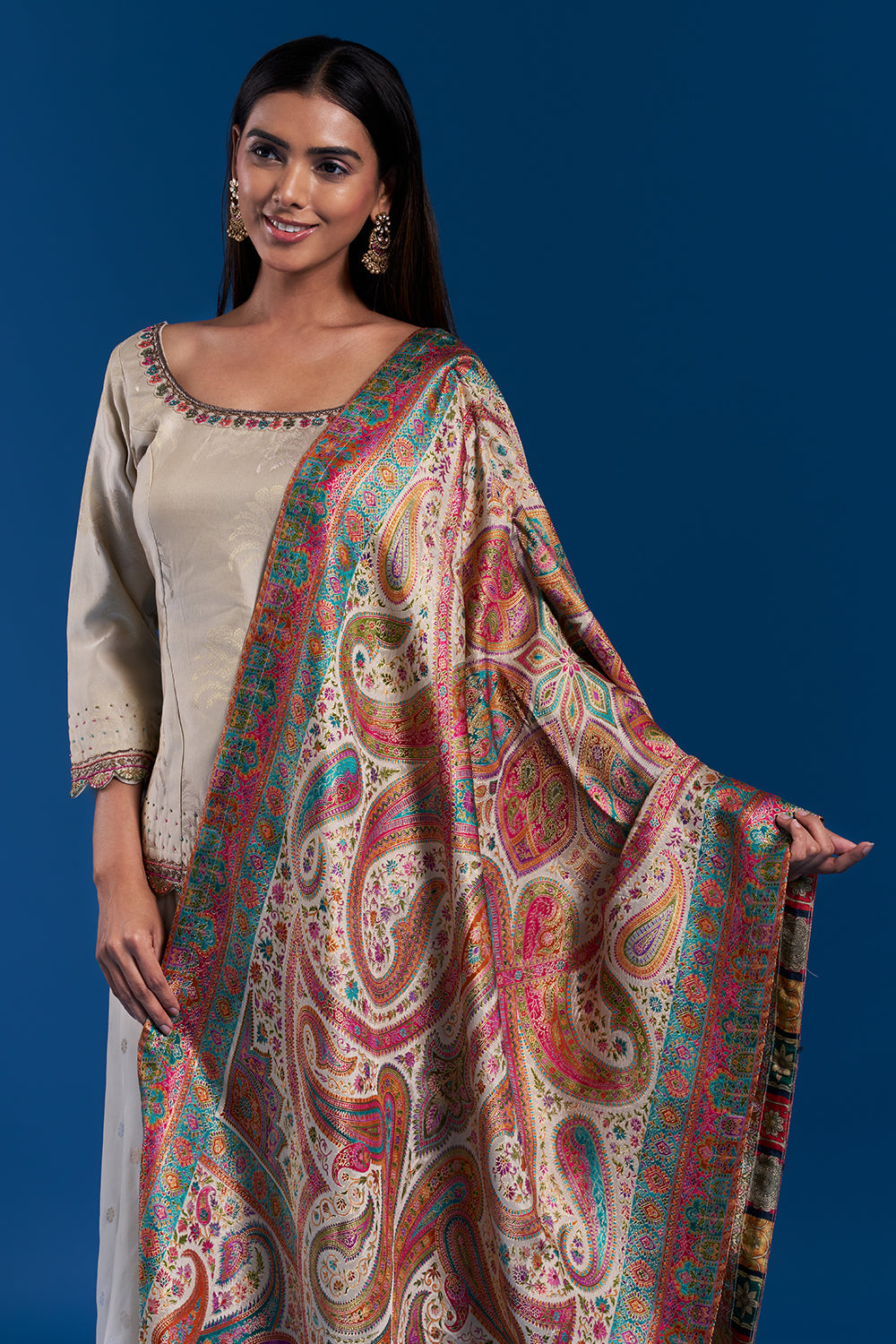 Cream Brocade Palazzo Set with Zardozi Work and Dupatta with Woven Motifs