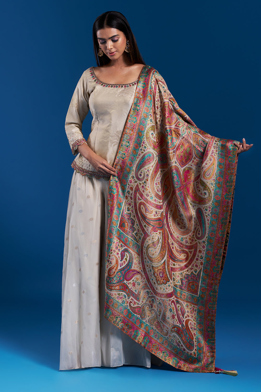 Cream Brocade Palazzo Set with Zardozi Work and Dupatta with Woven Motifs
