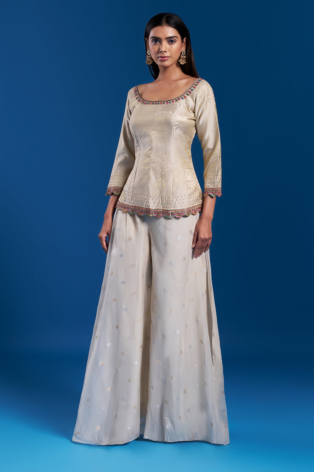 Cream Brocade Palazzo Set with Zardozi Work and Dupatta with Woven Motifs