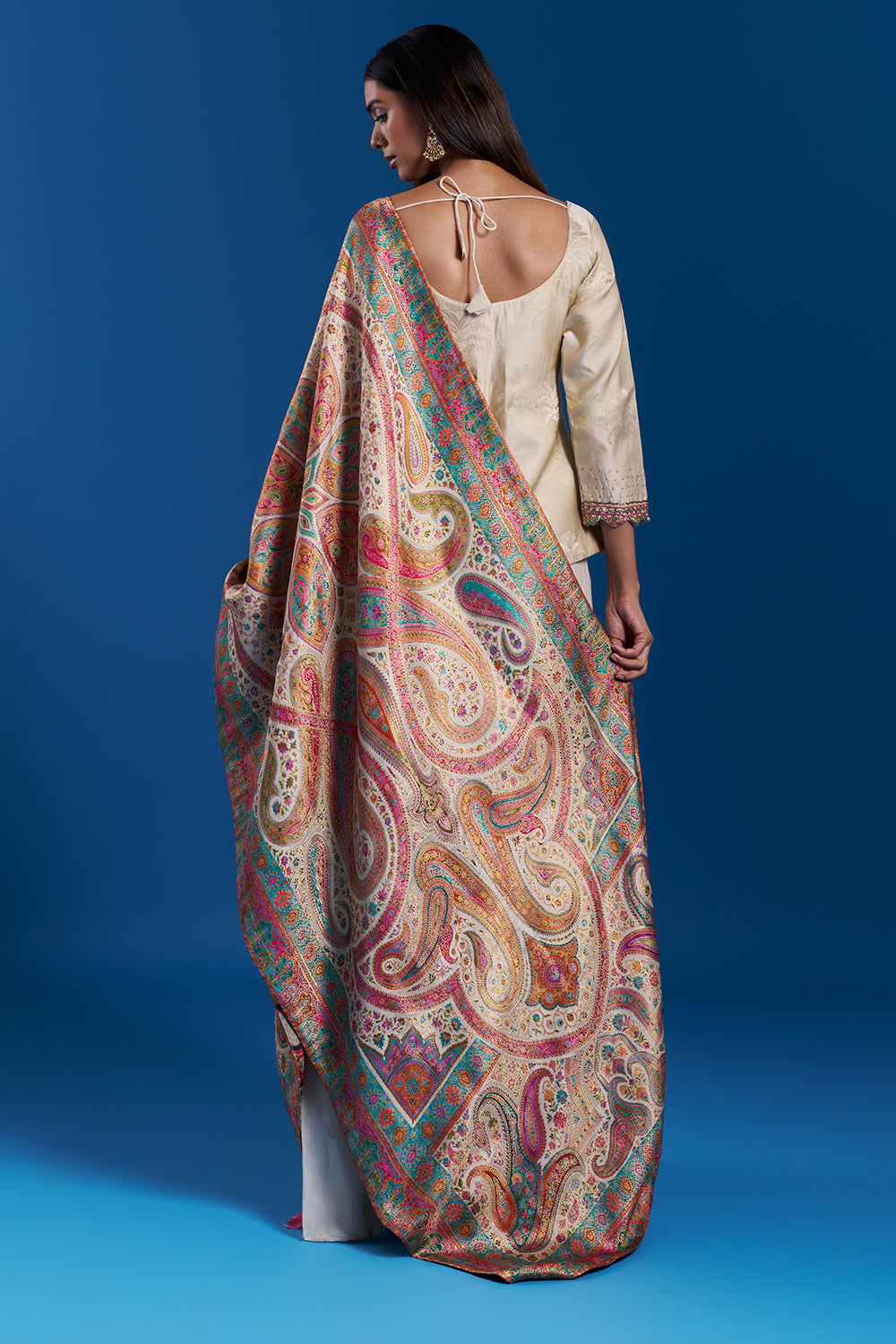 Cream Brocade Palazzo Set with Zardozi Work and Dupatta with Woven Motifs