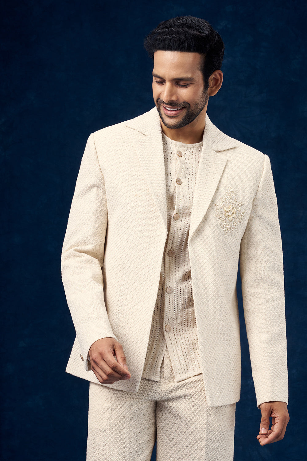 Cream Cotton Jute Mens Indo Western Set with Cutdana Work