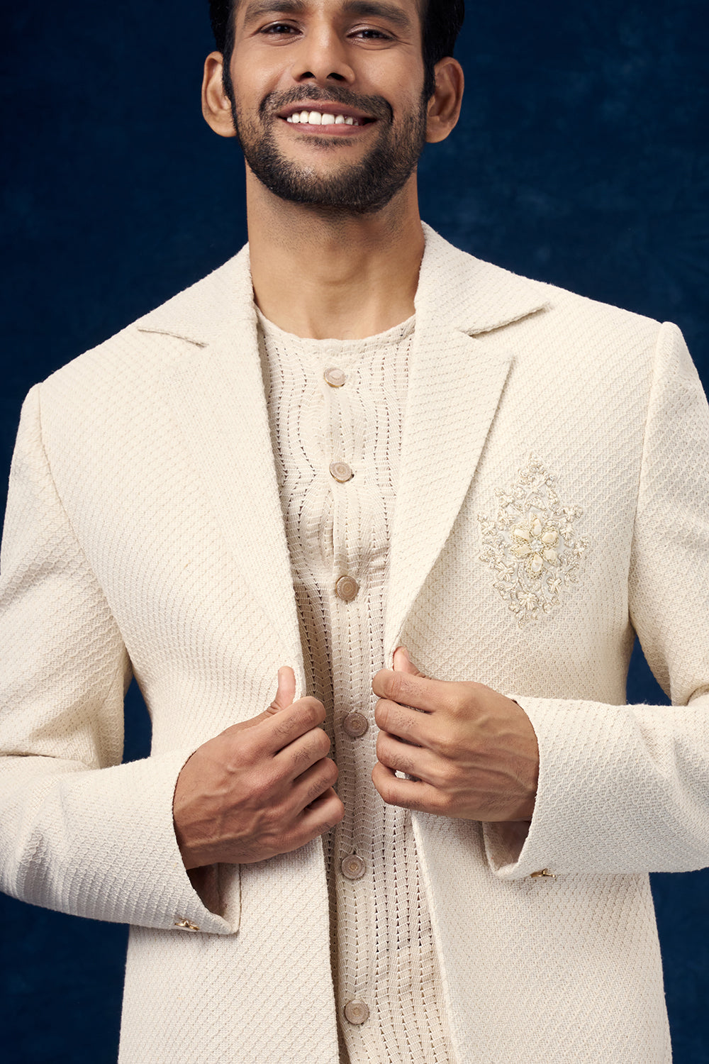 Cream Cotton Jute Mens Indo Western Set with Cutdana Work