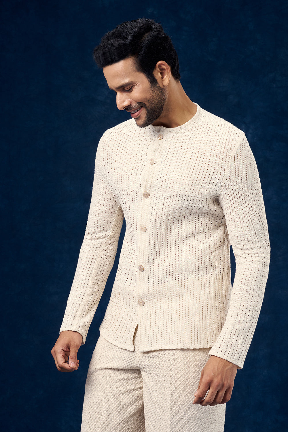 Cream Cotton Jute Mens Indo Western Set with Cutdana Work