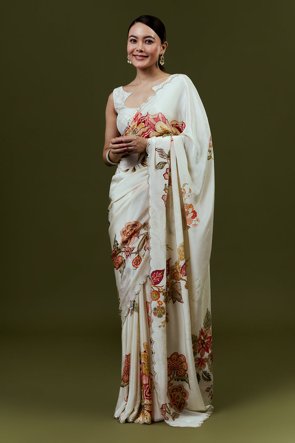 Cream Crepe Saree with Floral Print and Mirror Work
