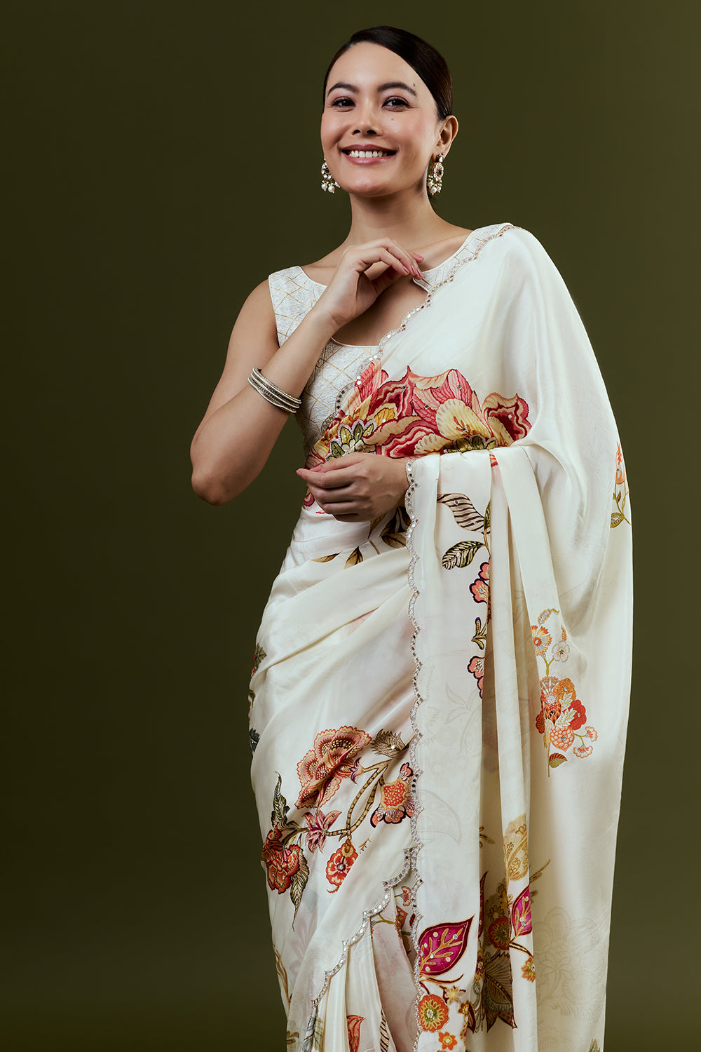 Cream Crepe Saree with Floral Print and Mirror Work