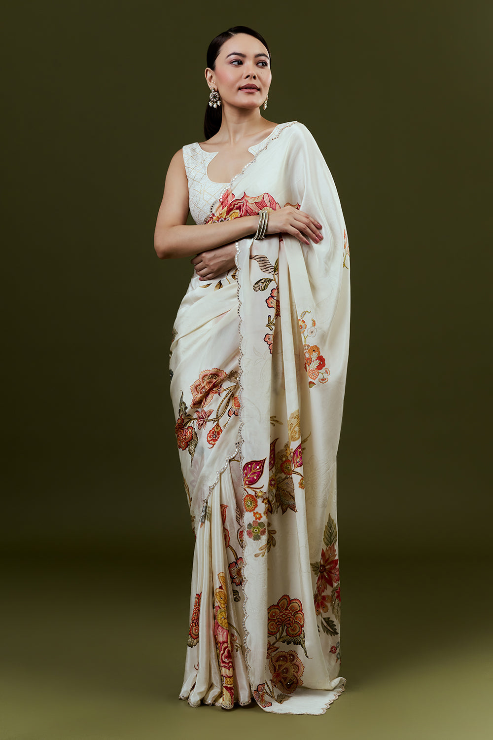 Cream Crepe Saree with Floral Print and Mirror Work
