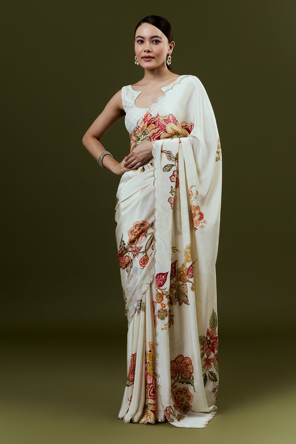 Cream Crepe Saree with Floral Print and Mirror Work