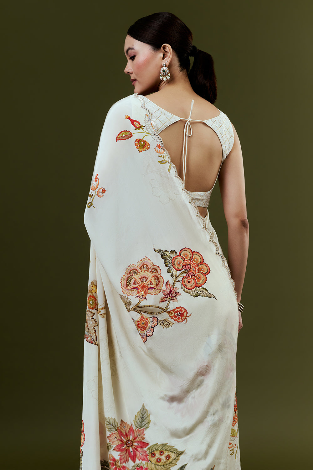 Cream Crepe Saree with Floral Print and Mirror Work