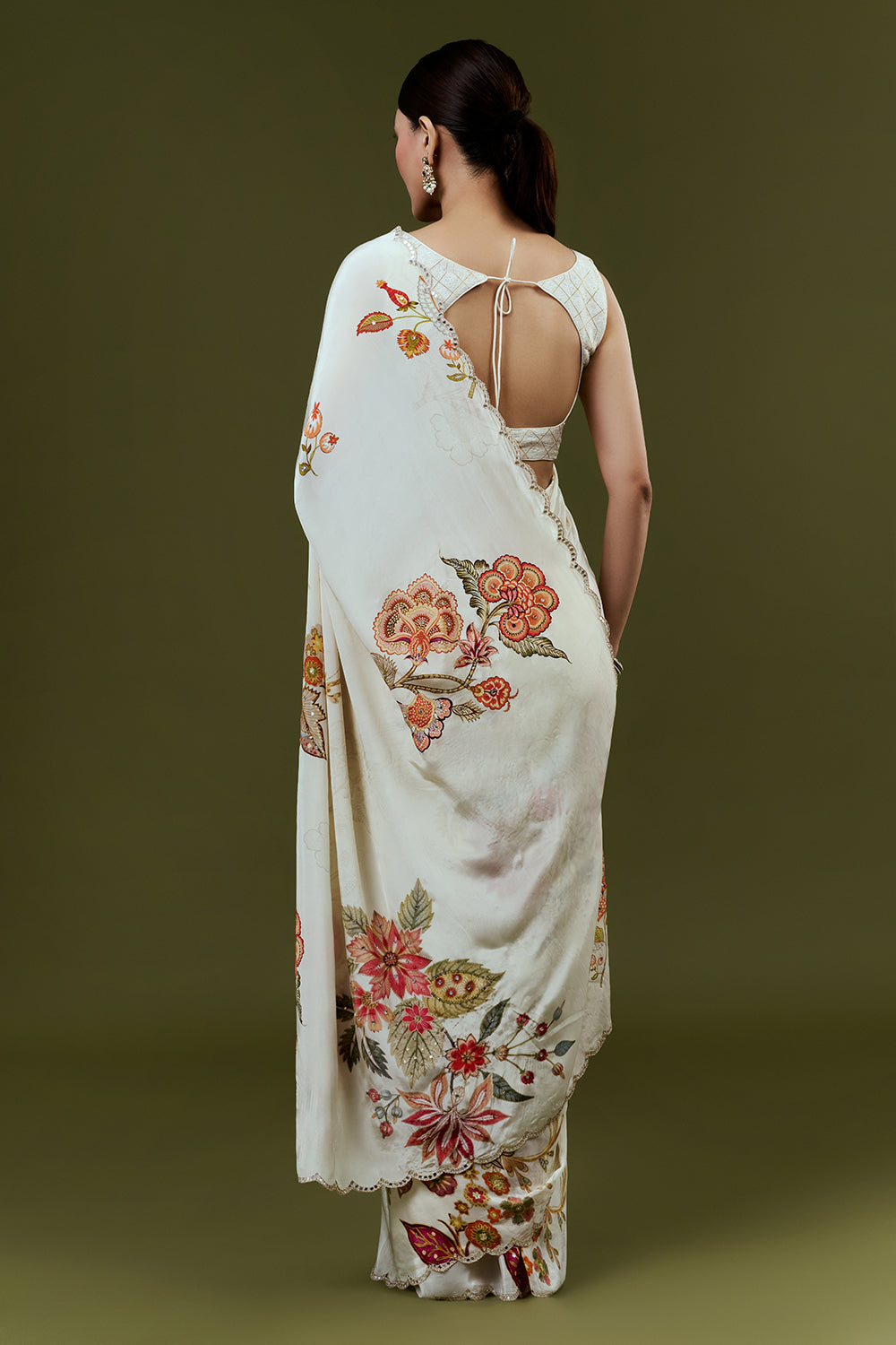 Cream Crepe Saree with Floral Print and Mirror Work