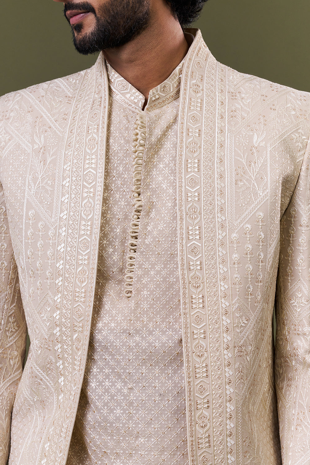 Cream Georgette Tonal Embellished Jacket Set