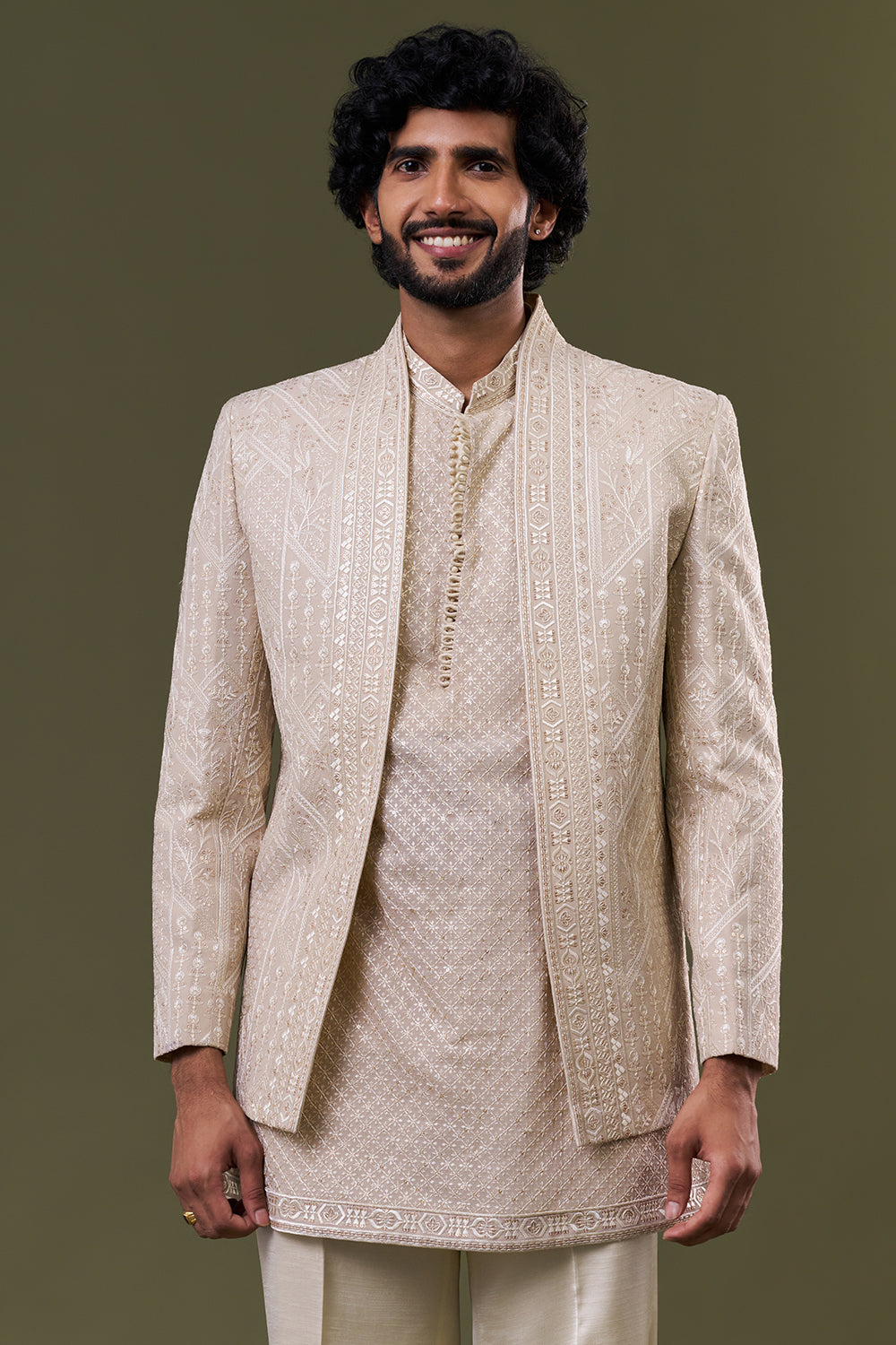 Cream Georgette Tonal Embellished Jacket Set