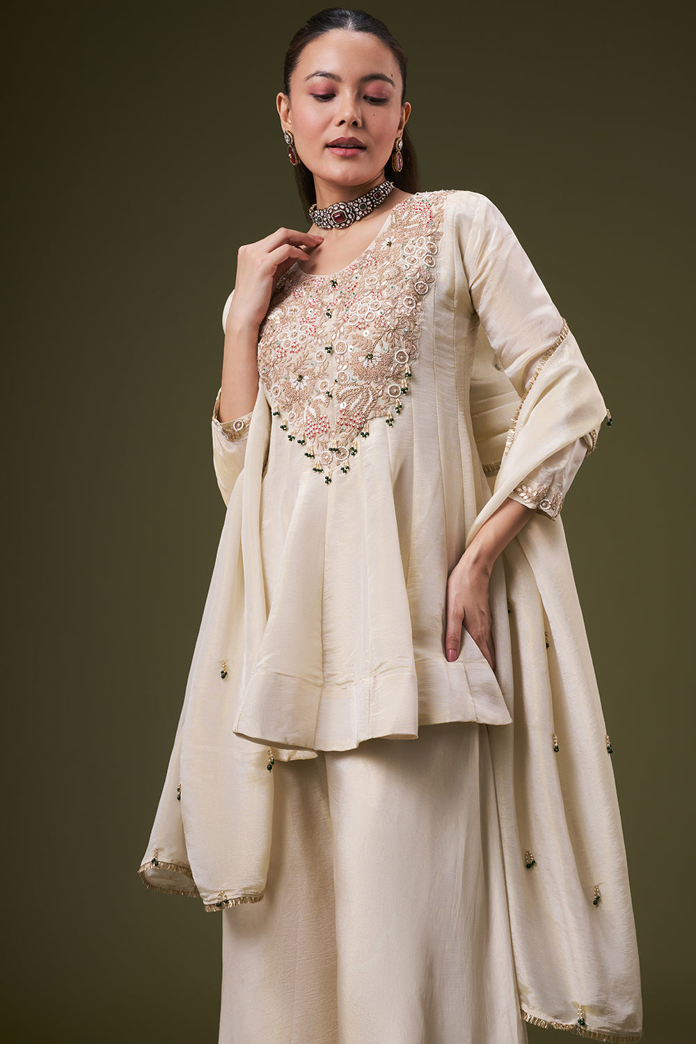 Cream Golden Tissue Peplum Palazzo Suit with Gota and Zardosi Work
