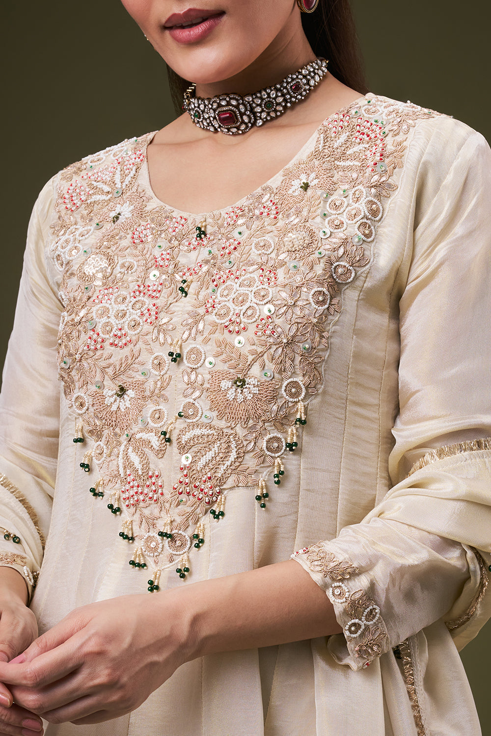 Cream Golden Tissue Peplum Palazzo Suit with Gota and Zardosi Work