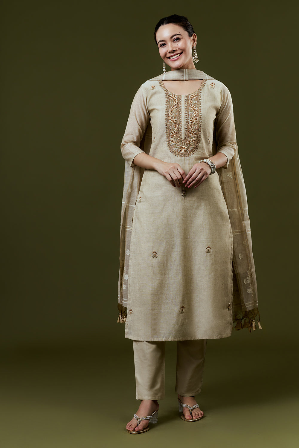 Cream Khadi Silk Suit Set with Embroidery Work
