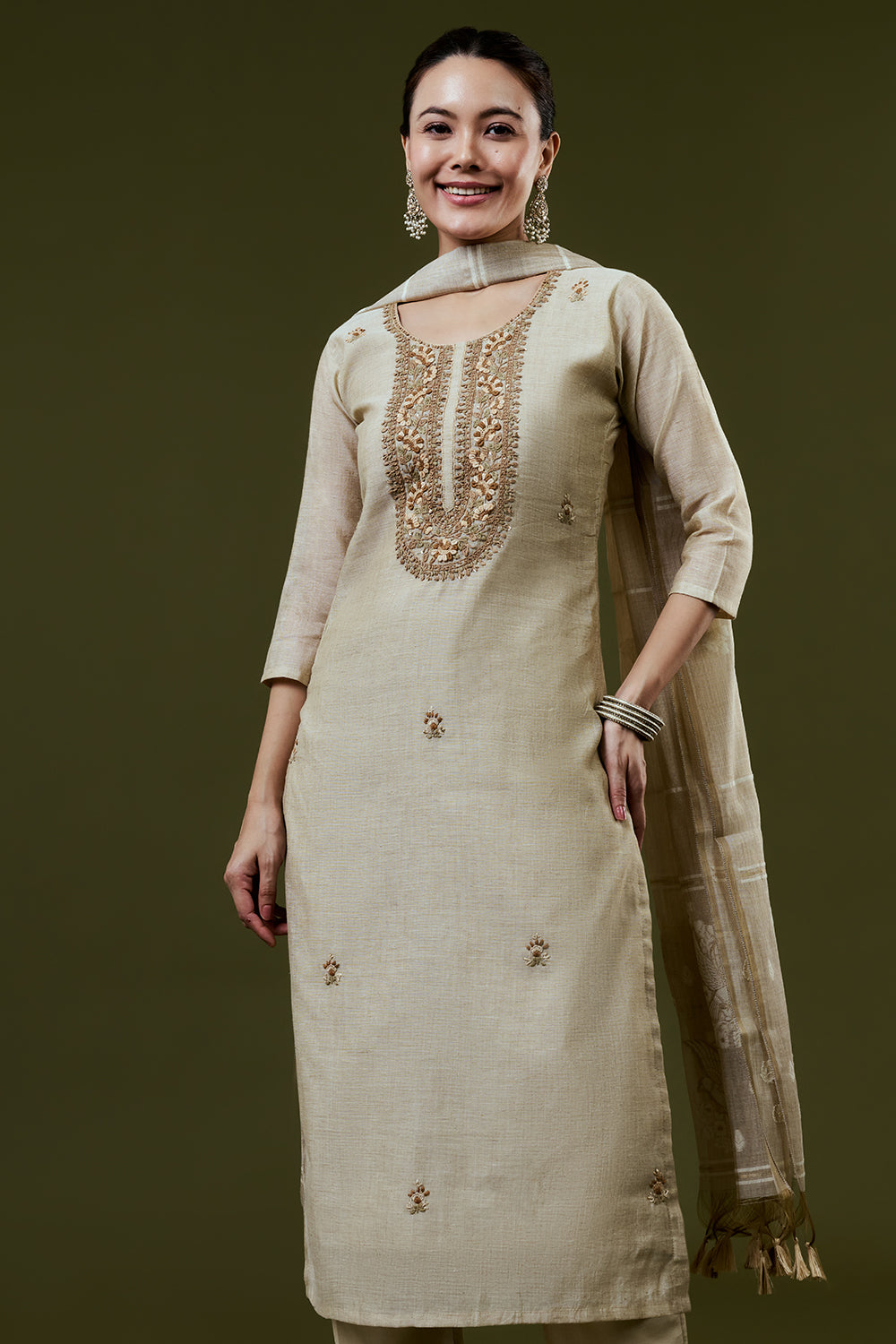 Cream Khadi Silk Suit Set with Embroidery Work