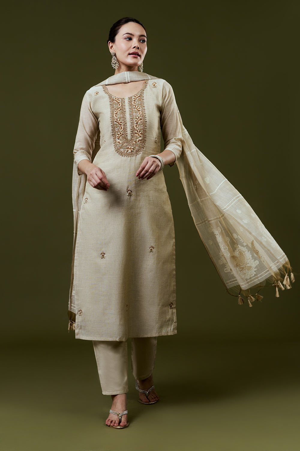 Cream Khadi Silk Suit Set with Embroidery Work