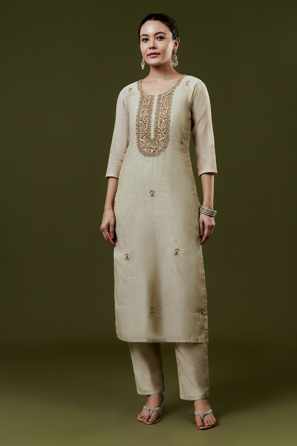 Cream Khadi Silk Suit Set with Embroidery Work