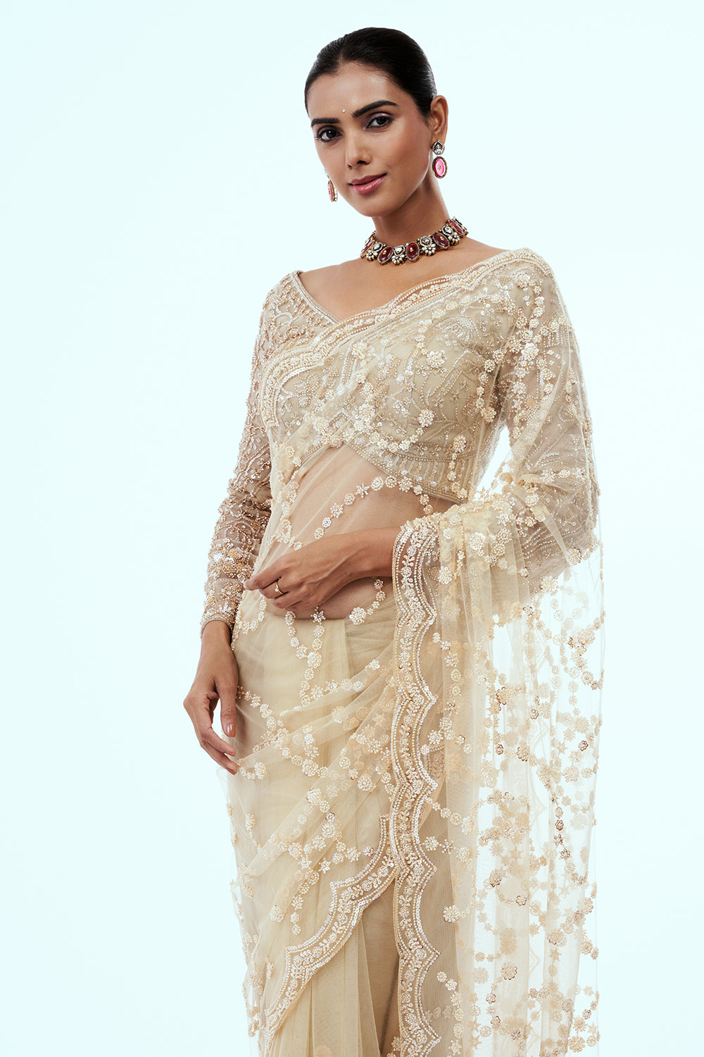 Cream Net Embellished Saree with Cutdana Work