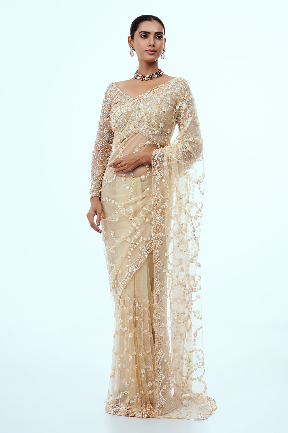 Cream Net Embellished Saree with Cutdana Work