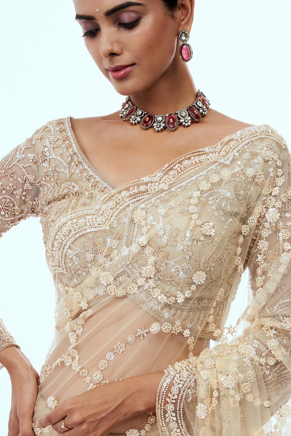 Cream Net Embellished Saree with Cutdana Work