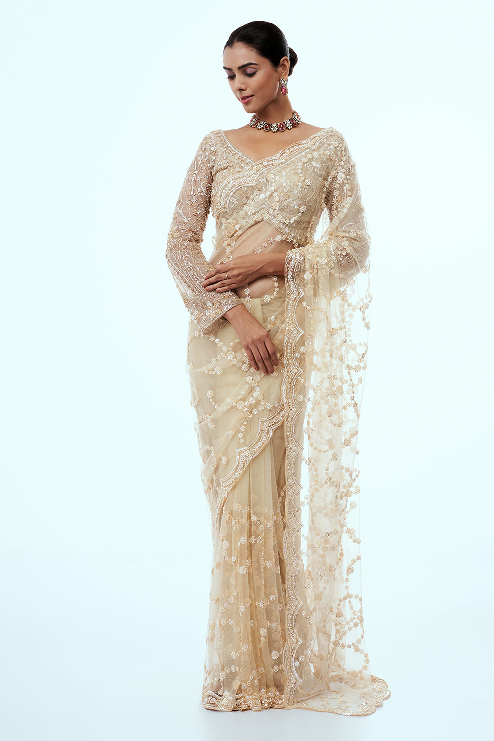 Cream Net Embellished Saree with Cutdana Work