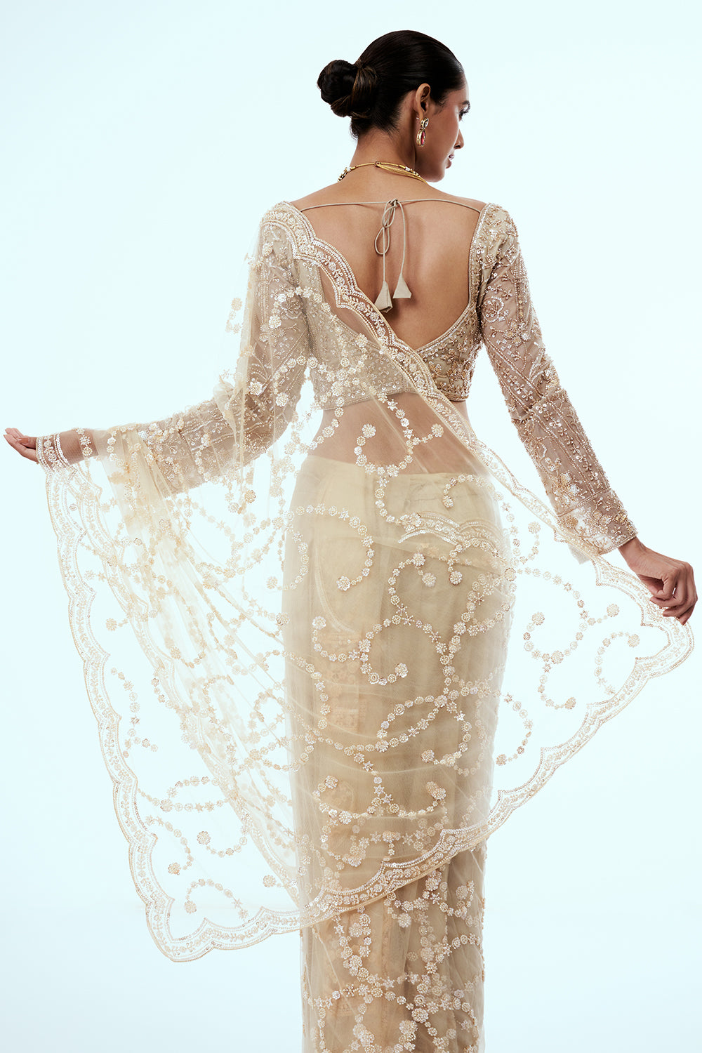 Cream Net Embellished Saree with Cutdana Work