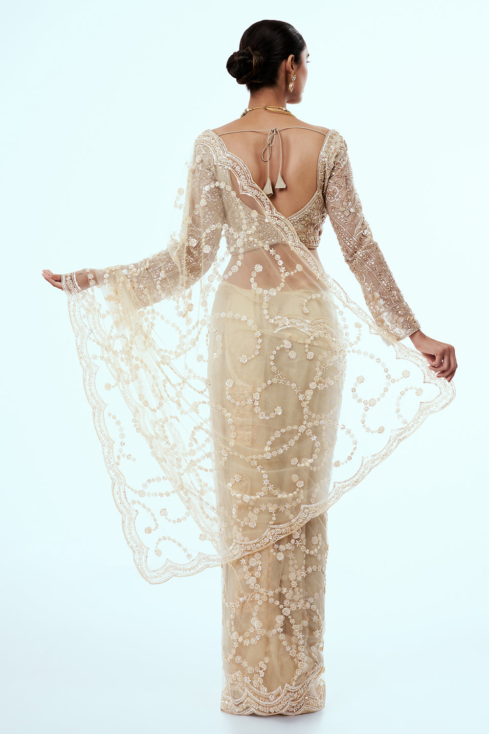 Cream Net Embellished Saree with Cutdana Work