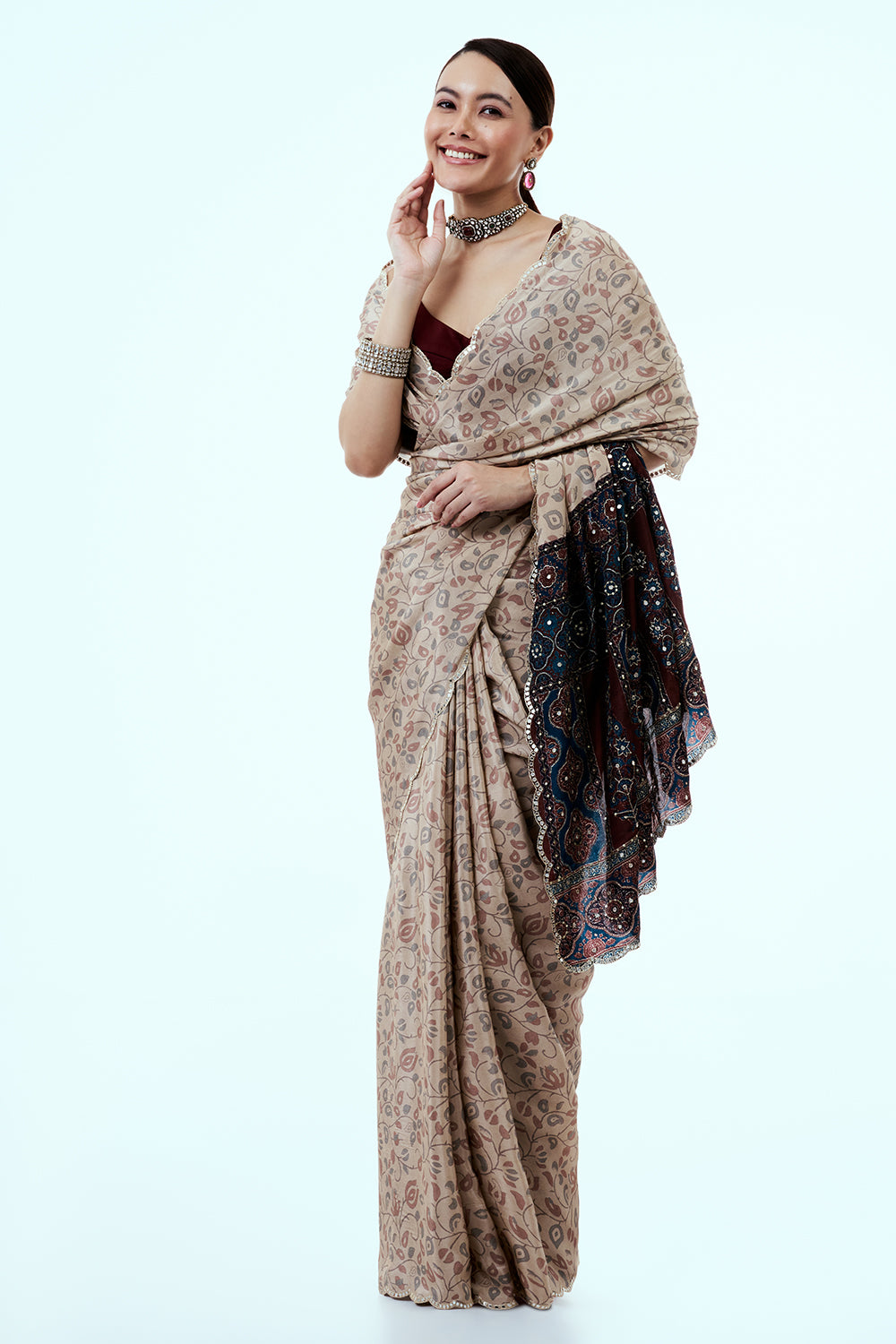 Cream Pure Crepe Saree with Floral Print and Mirror Work