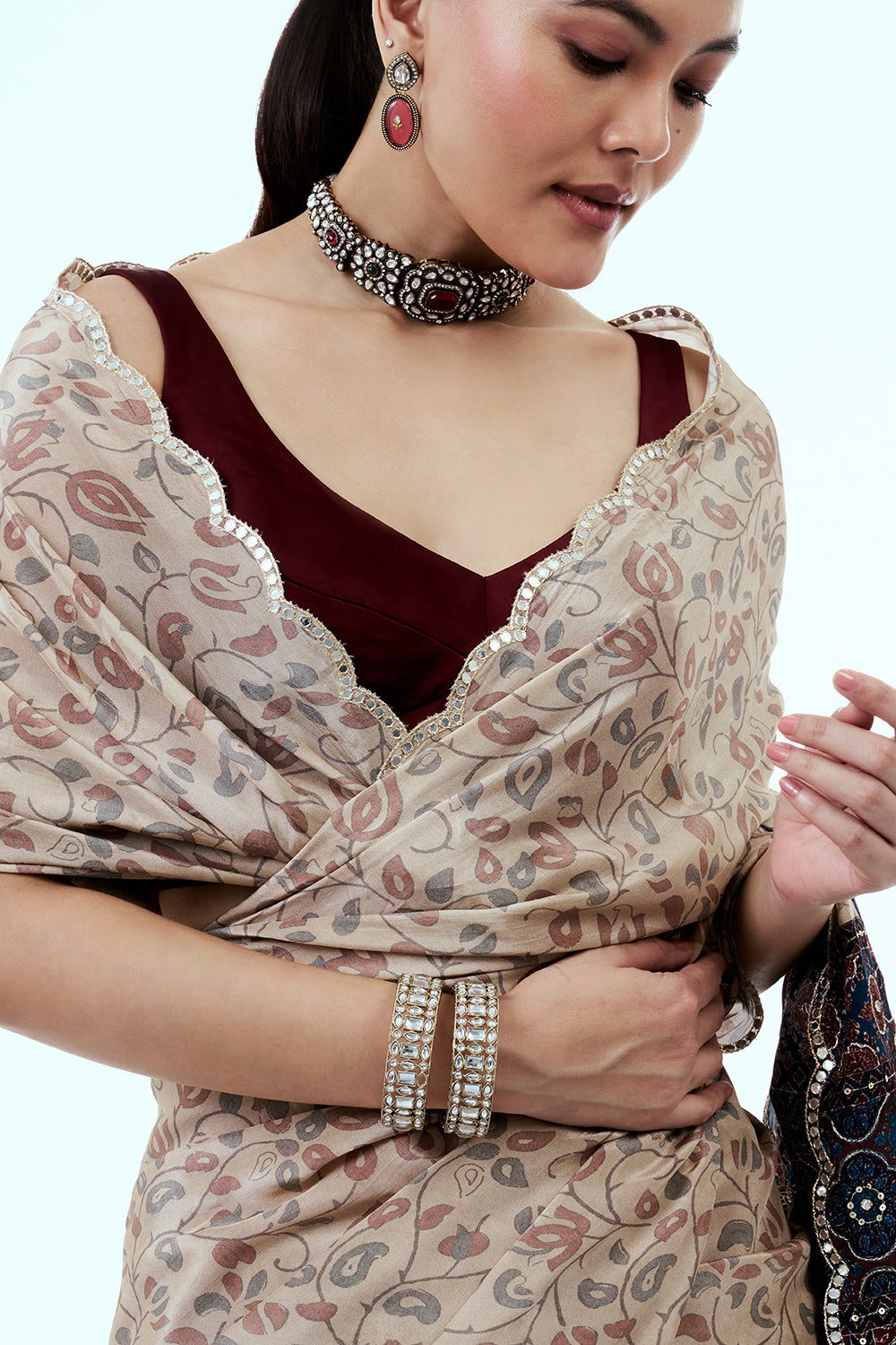 Cream Pure Crepe Saree with Floral Print and Mirror Work