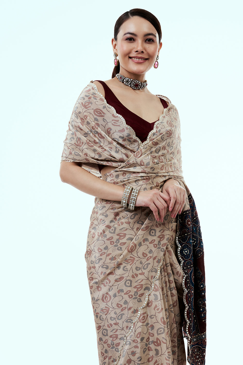 Cream Pure Crepe Saree with Floral Print and Mirror Work