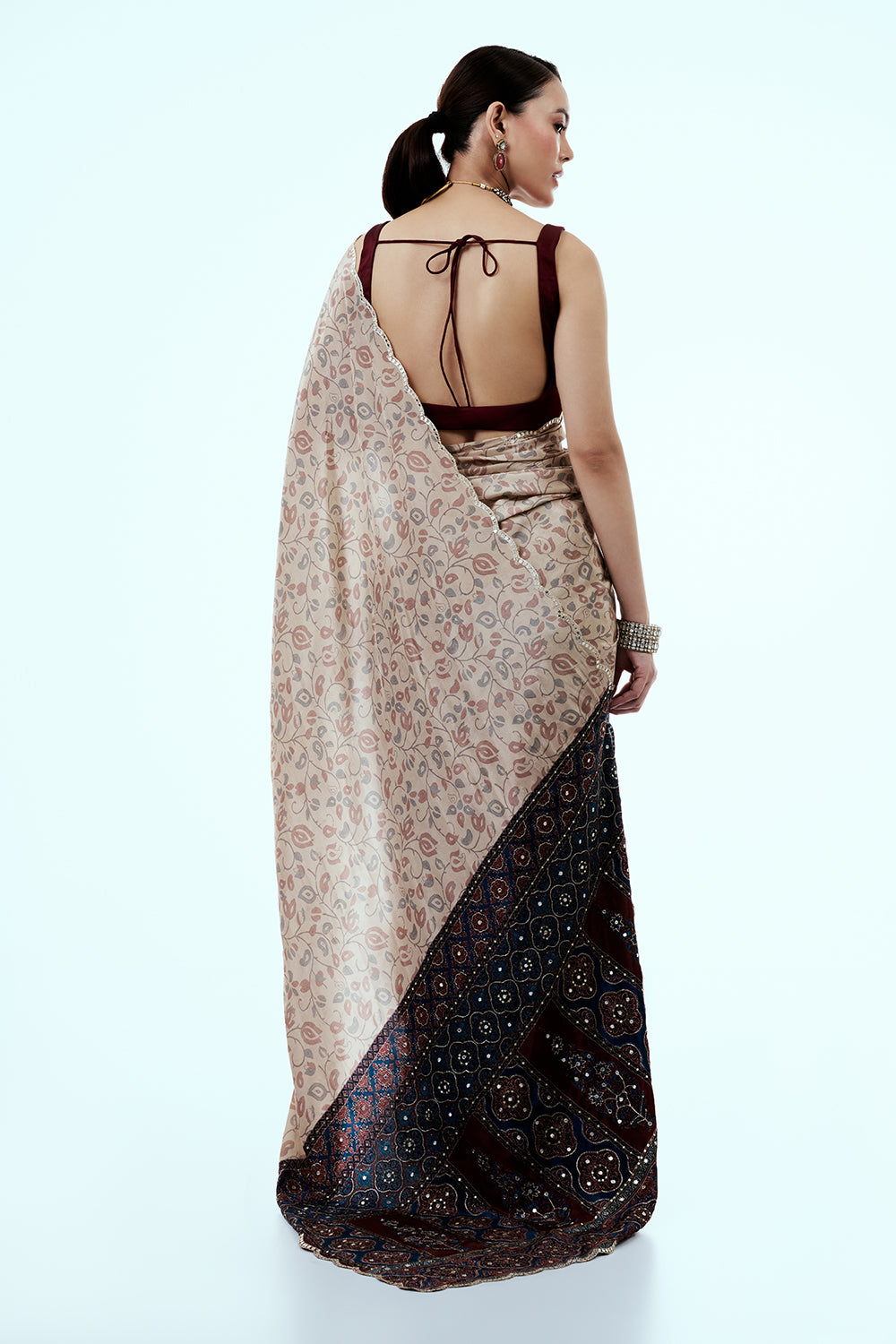 Cream Pure Crepe Saree with Floral Print and Mirror Work
