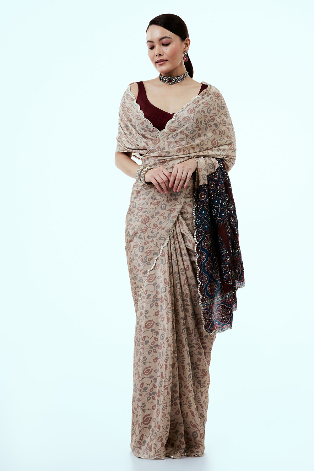 Cream Pure Crepe Saree with Floral Print and Mirror Work