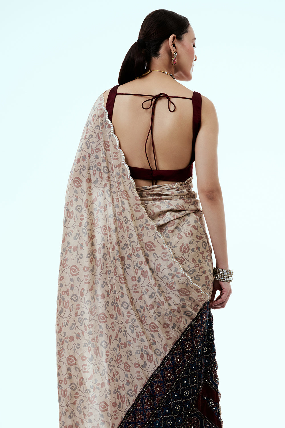 Cream Pure Crepe Saree with Floral Print and Mirror Work