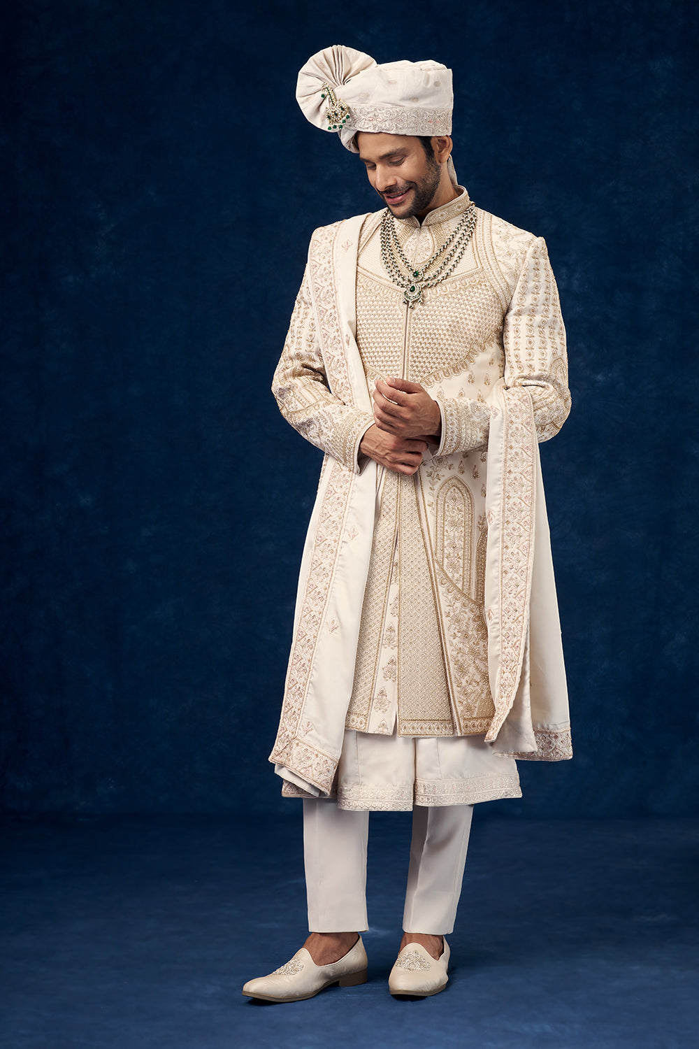 Cream Raw Silk Embroidered Groom Sherwani with Bead Work