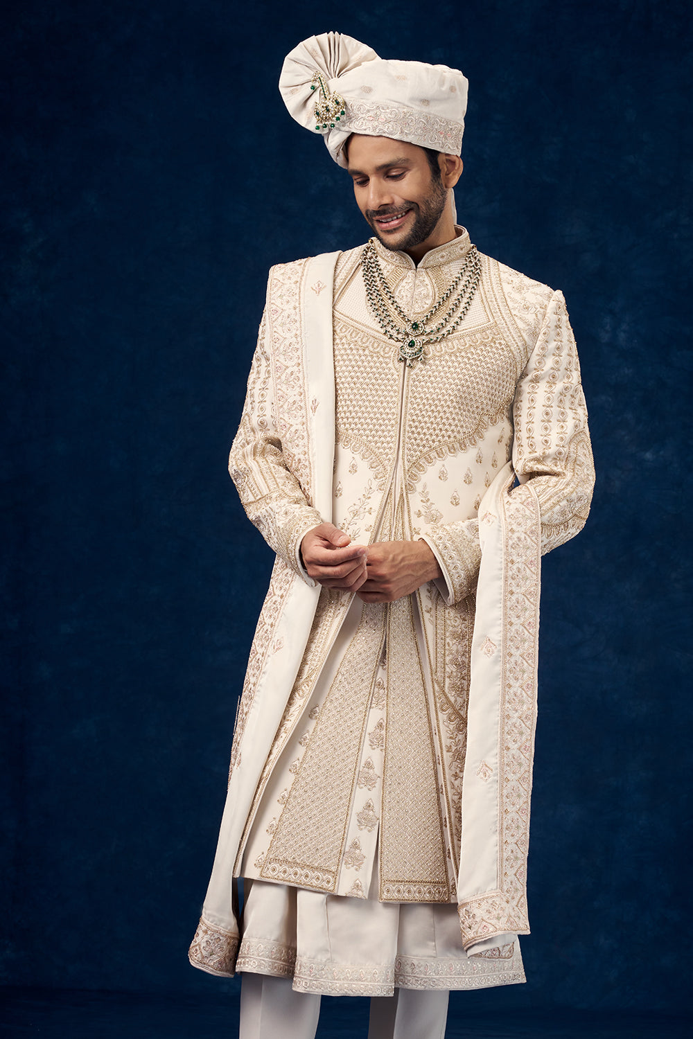 Cream Raw Silk Embroidered Groom Sherwani with Bead Work