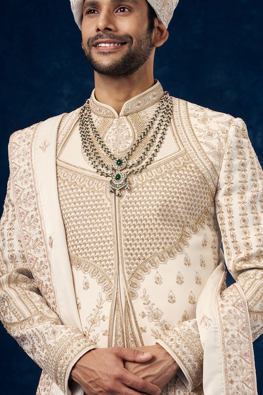 Cream Raw Silk Embroidered Groom Sherwani with Bead Work