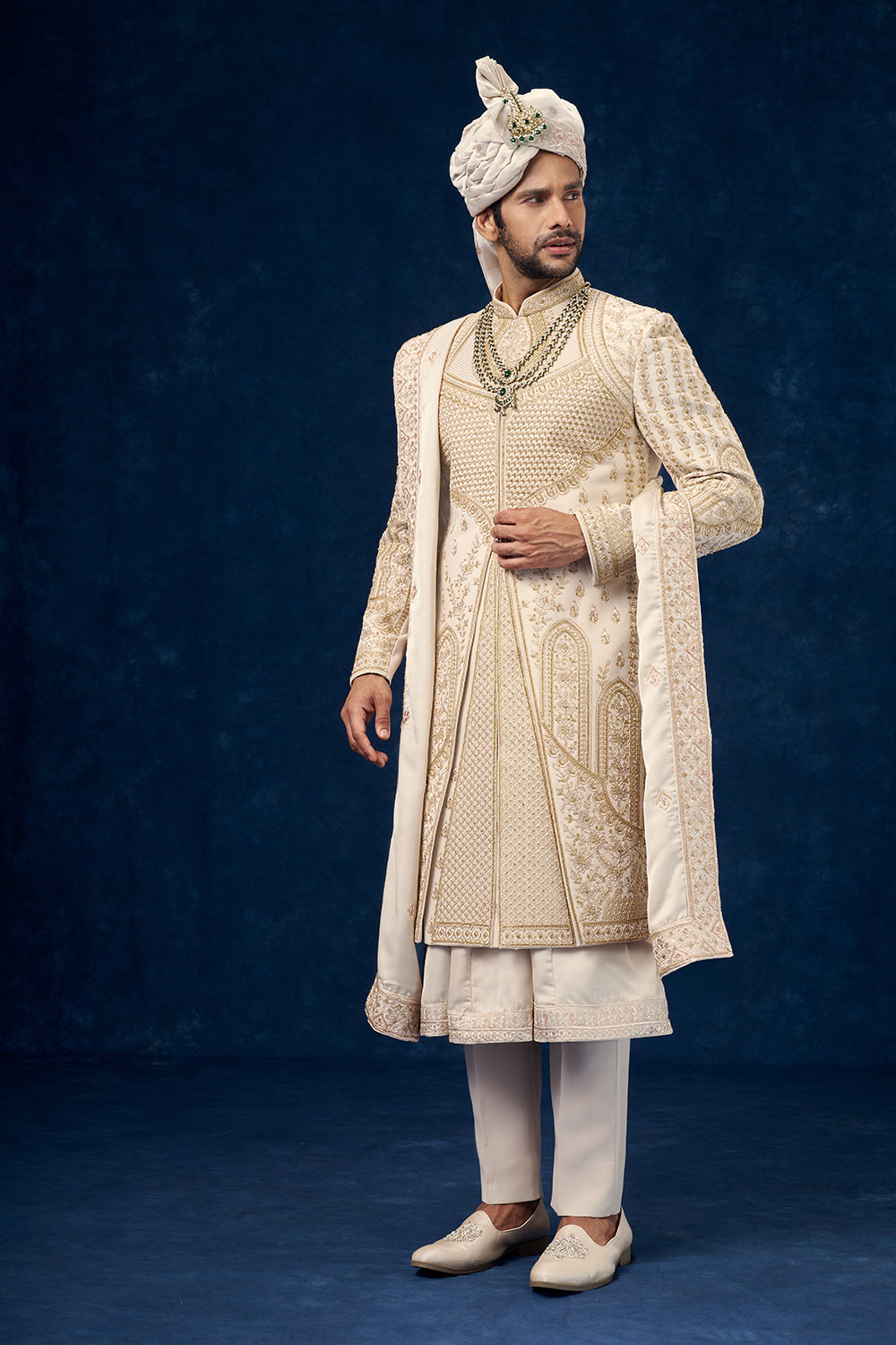 Cream Raw Silk Embroidered Groom Sherwani with Bead Work