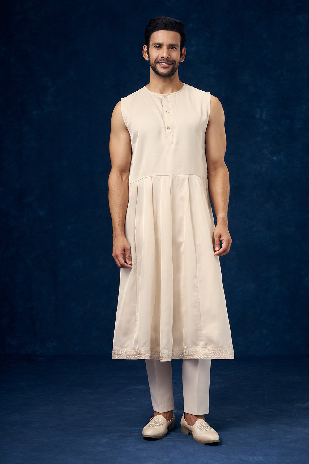 Cream Raw Silk Embroidered Groom Sherwani with Bead Work