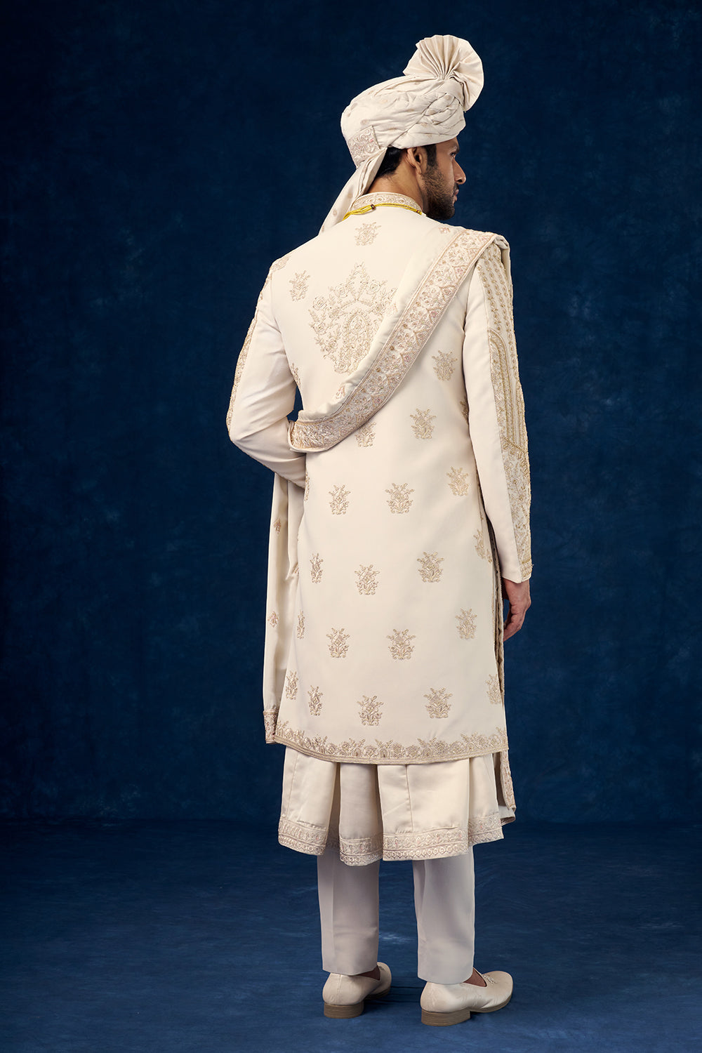 Cream Raw Silk Embroidered Groom Sherwani with Bead Work