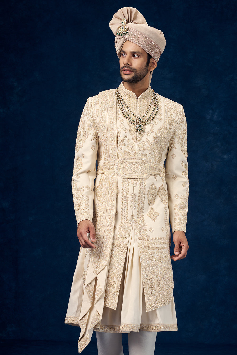 Cream Raw Silk Embroidered Groom Sherwani with Hand Work