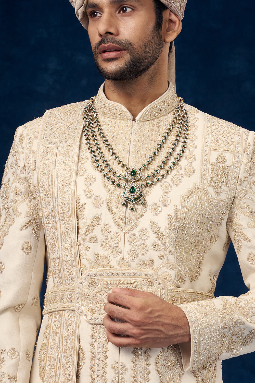 Cream Raw Silk Embroidered Groom Sherwani with Hand Work