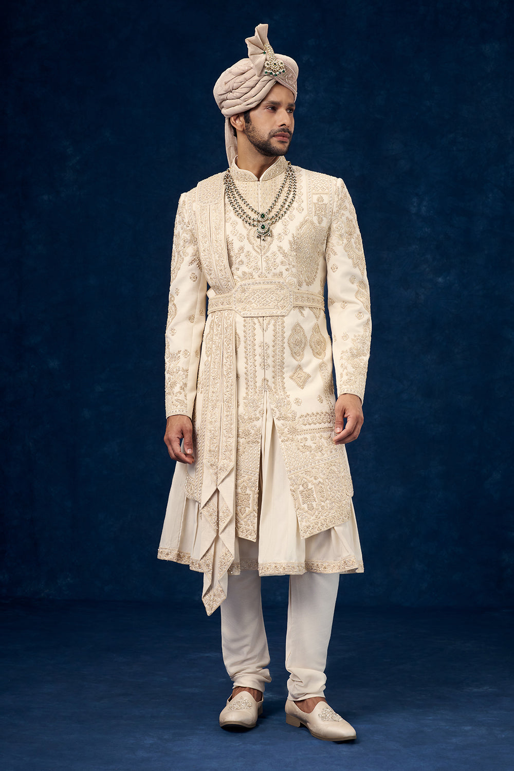 Cream Raw Silk Embroidered Groom Sherwani with Hand Work