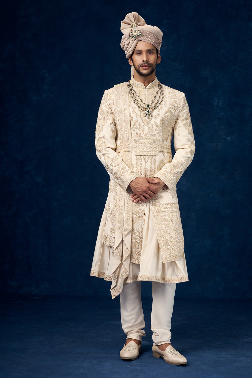 Cream Raw Silk Embroidered Groom Sherwani with Hand Work