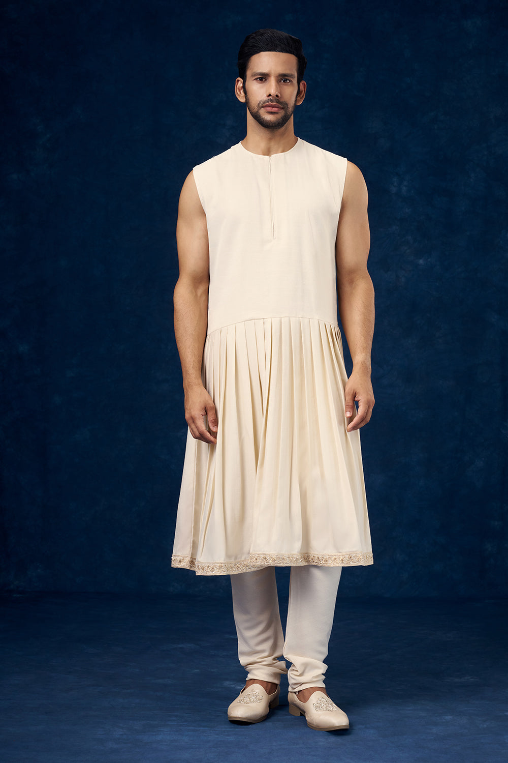 Cream Raw Silk Embroidered Groom Sherwani with Hand Work