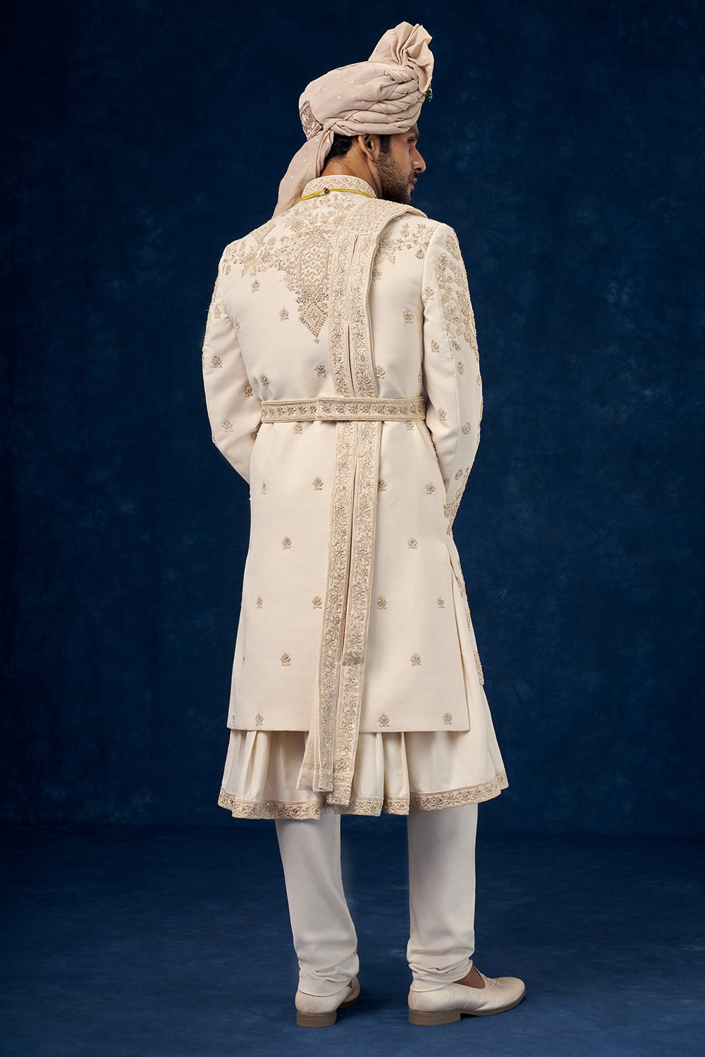 Cream Raw Silk Embroidered Groom Sherwani with Hand Work
