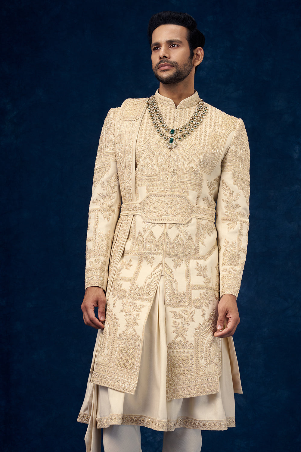 Cream Raw Silk Embroidered Groom Sherwani with Zardosi Handwork