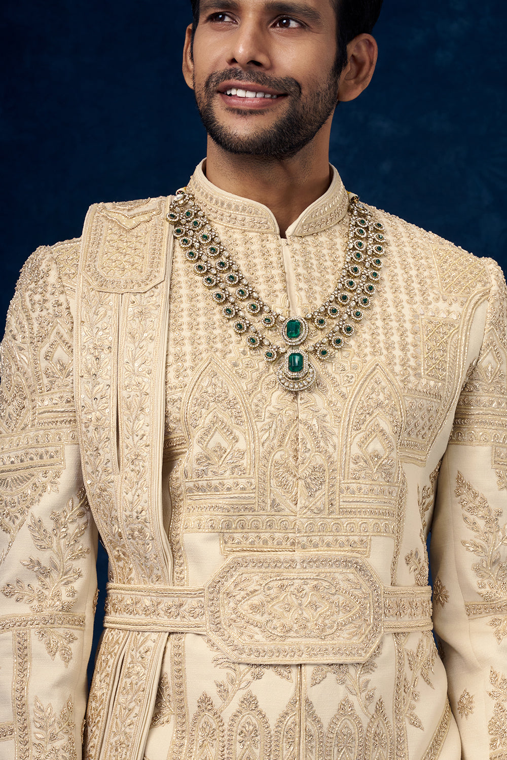 Cream Raw Silk Embroidered Groom Sherwani with Zardosi Handwork