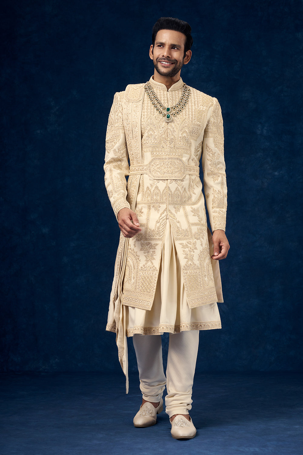 Cream Raw Silk Embroidered Groom Sherwani with Zardosi Handwork